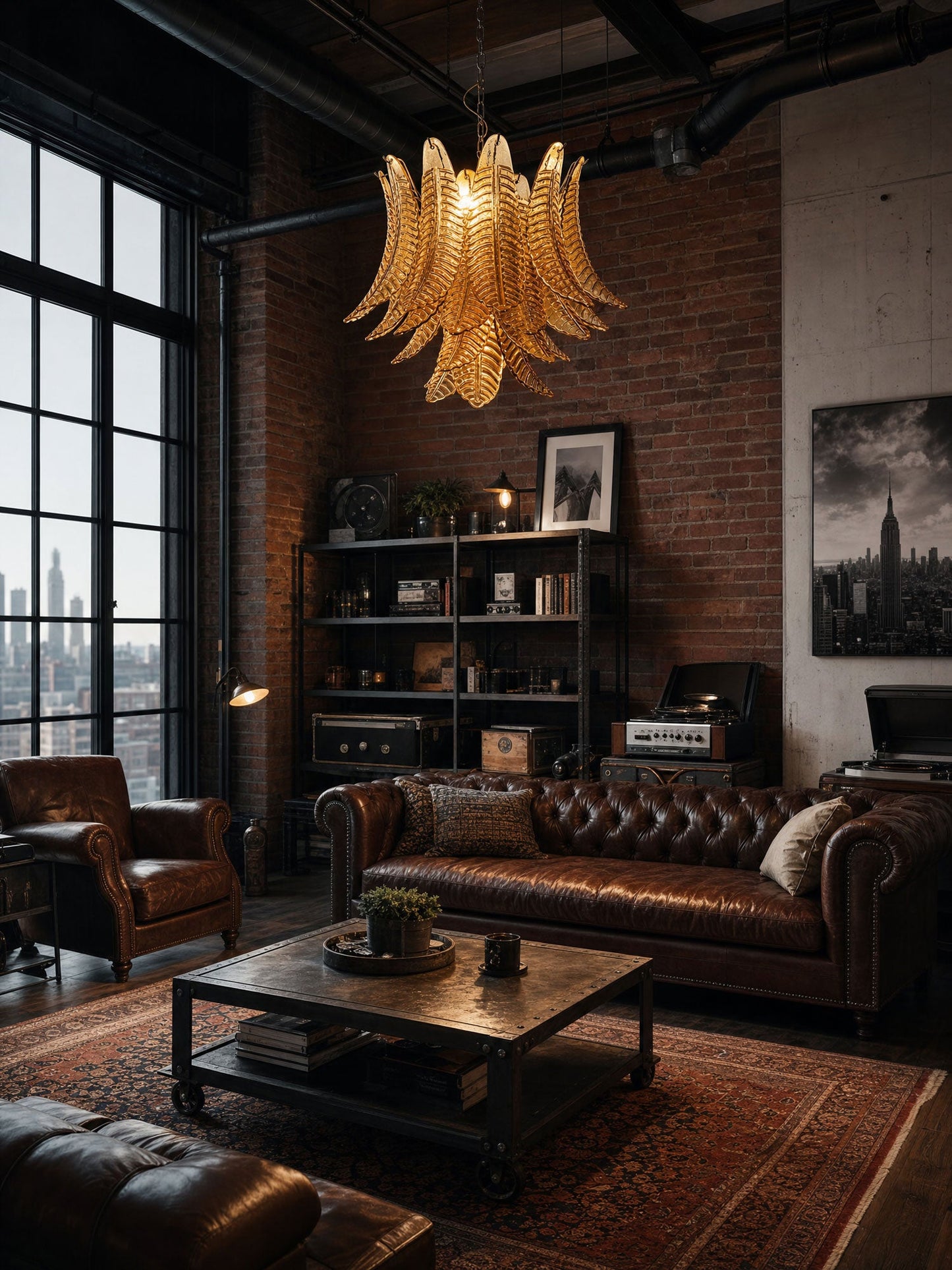 Amber Glass Leaf Chandelier - Elegant Design with Adjustable Height &