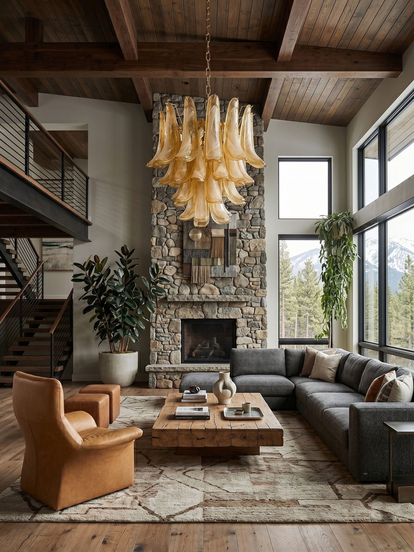 Amber Glass Petals Chandelier - Elegant Design with Adjustable Height