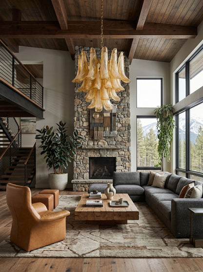 Amber Glass Petals Chandelier - Elegant Design with Adjustable Height