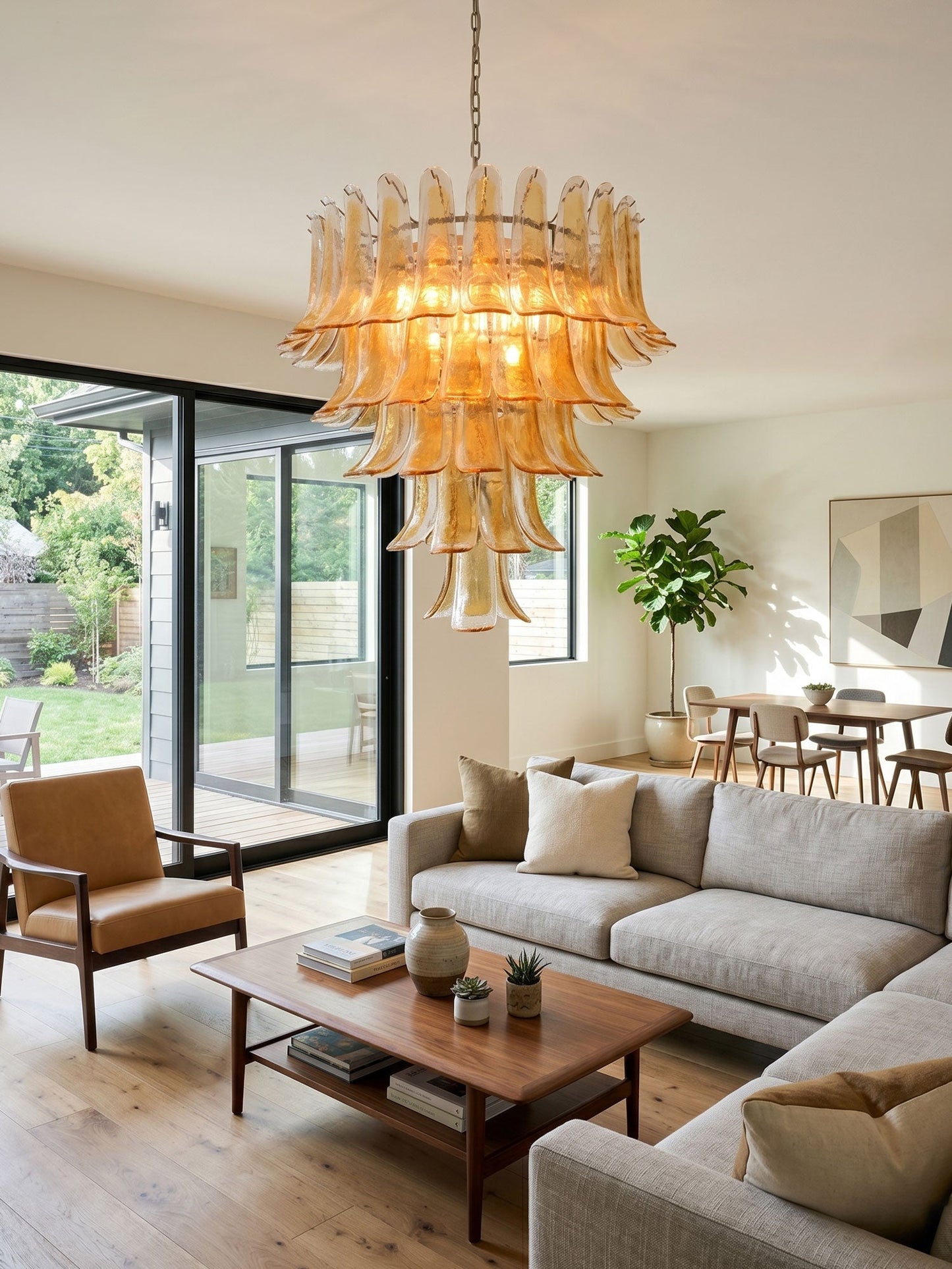 Amber Glass Petals Chandelier - Elegant Lighting with Adjustable Heigh