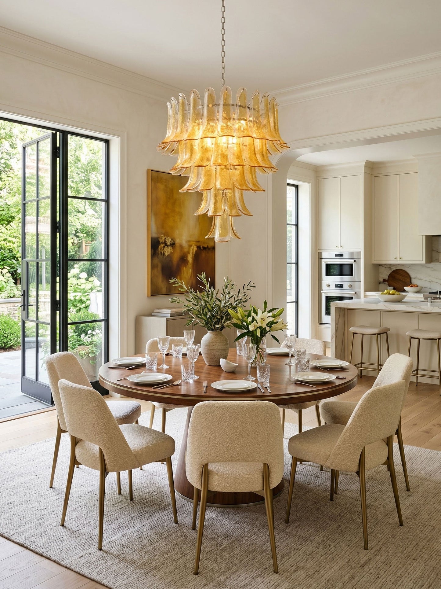 Amber Glass Petals Chandelier - Elegant Lighting with Adjustable Heigh