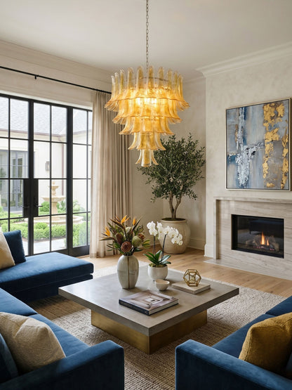 Amber Glass Petals Chandelier - Elegant Lighting with Adjustable Heigh