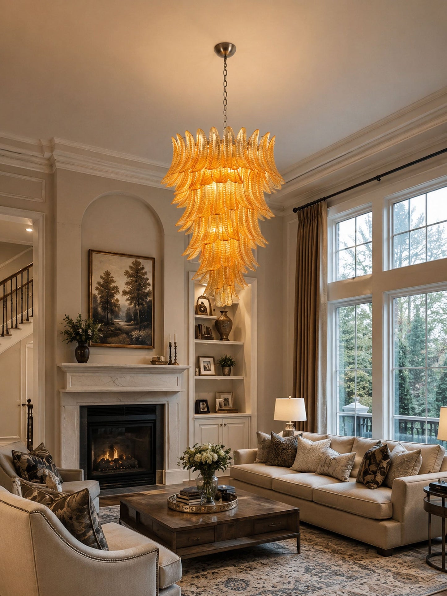 Amber Leaf Cascade Chandelier - Elegant Design with Adjustable Height