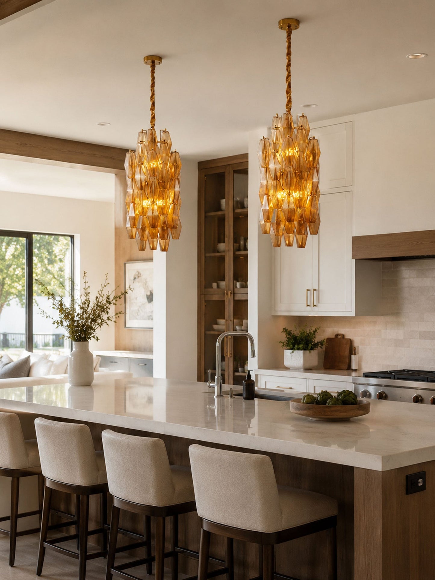 Amber Prism Long Chandelier - Elegant Lighting with Adjustable Height