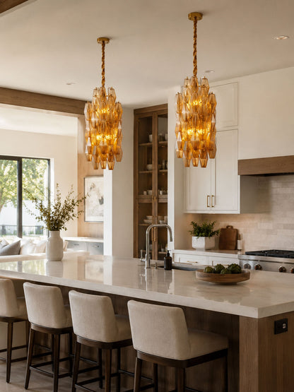 Amber Prism Long Chandelier - Elegant Lighting with Adjustable Height