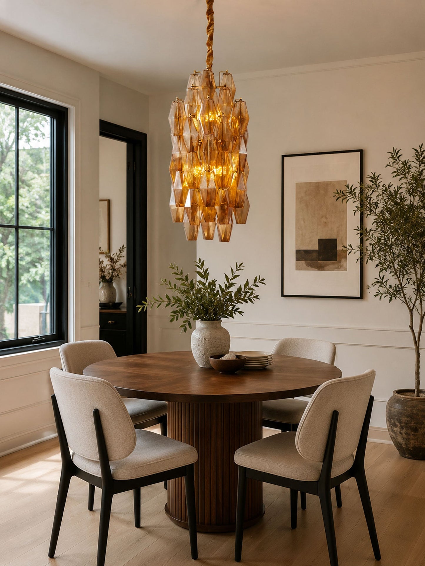 Amber Prism Long Chandelier - Elegant Lighting with Adjustable Height