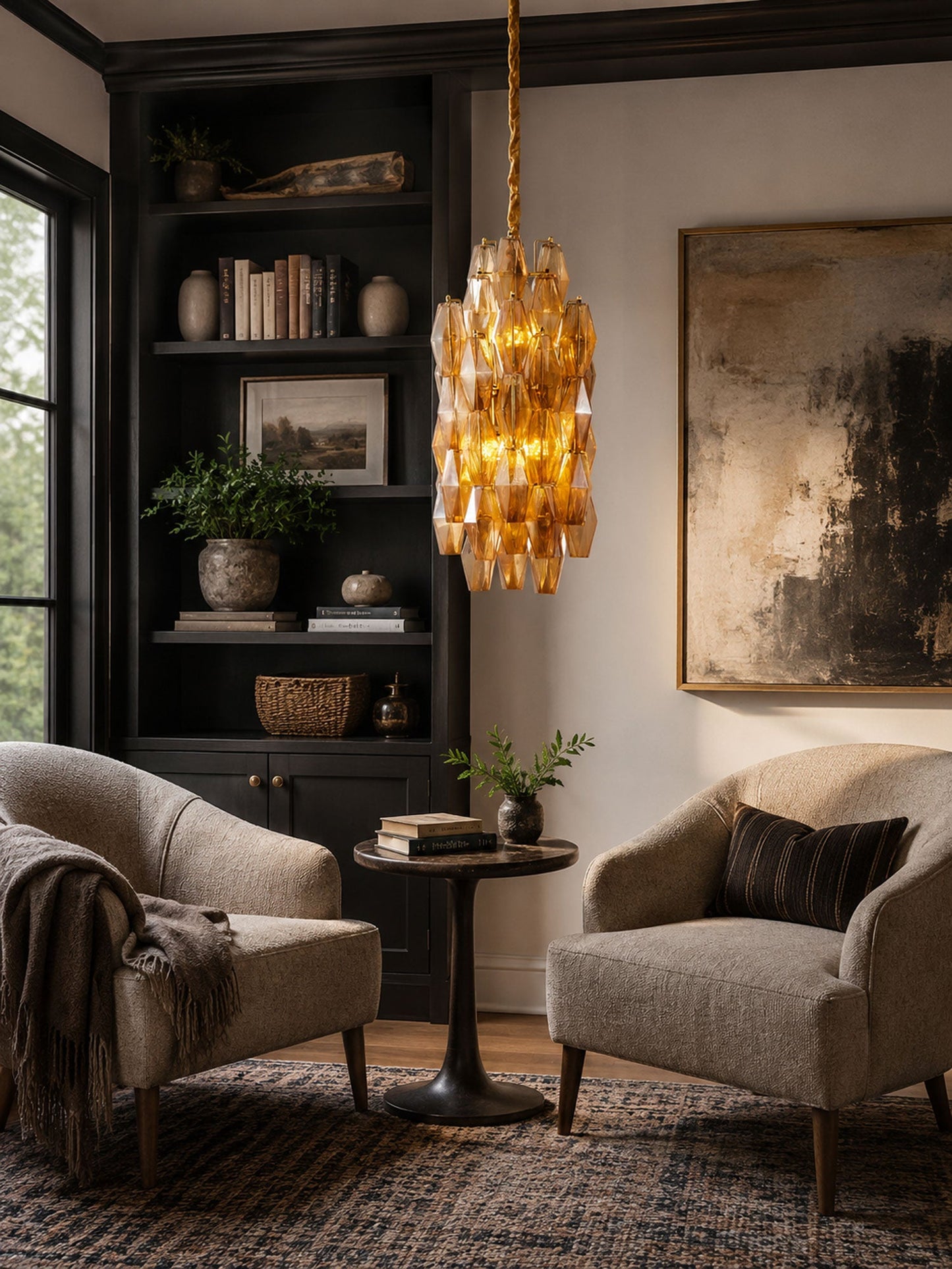 Amber Prism Long Chandelier - Elegant Lighting with Adjustable Height
