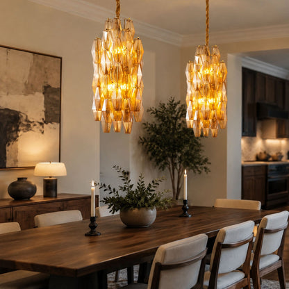 Amber Prism Long Chandelier - Elegant Lighting with Adjustable Height