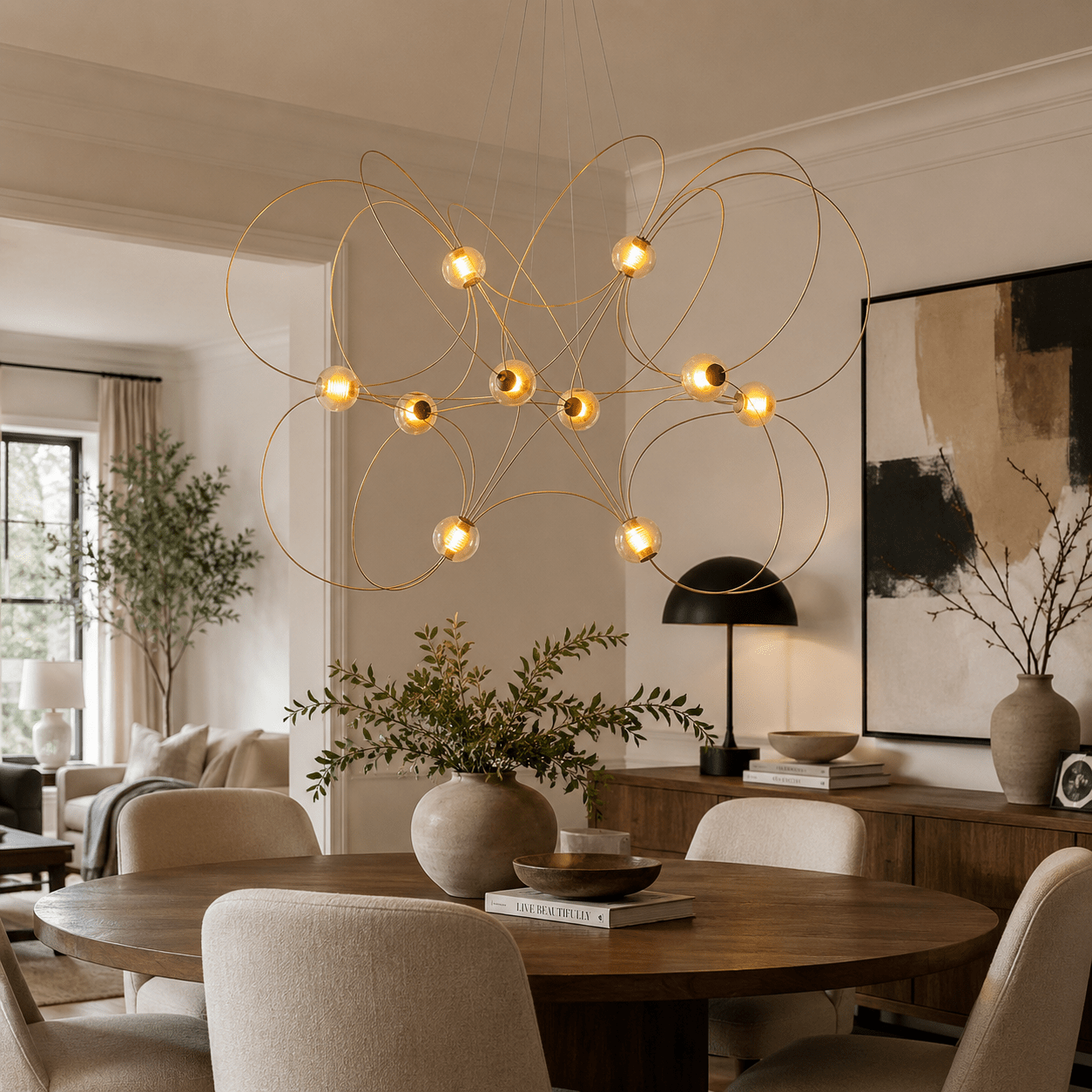 Amber Glass Orb Loop Chandelier - Elegant Design with Adjustable Heigh