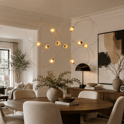 Amber Glass Orb Loop Chandelier - Elegant Design with Adjustable Heigh