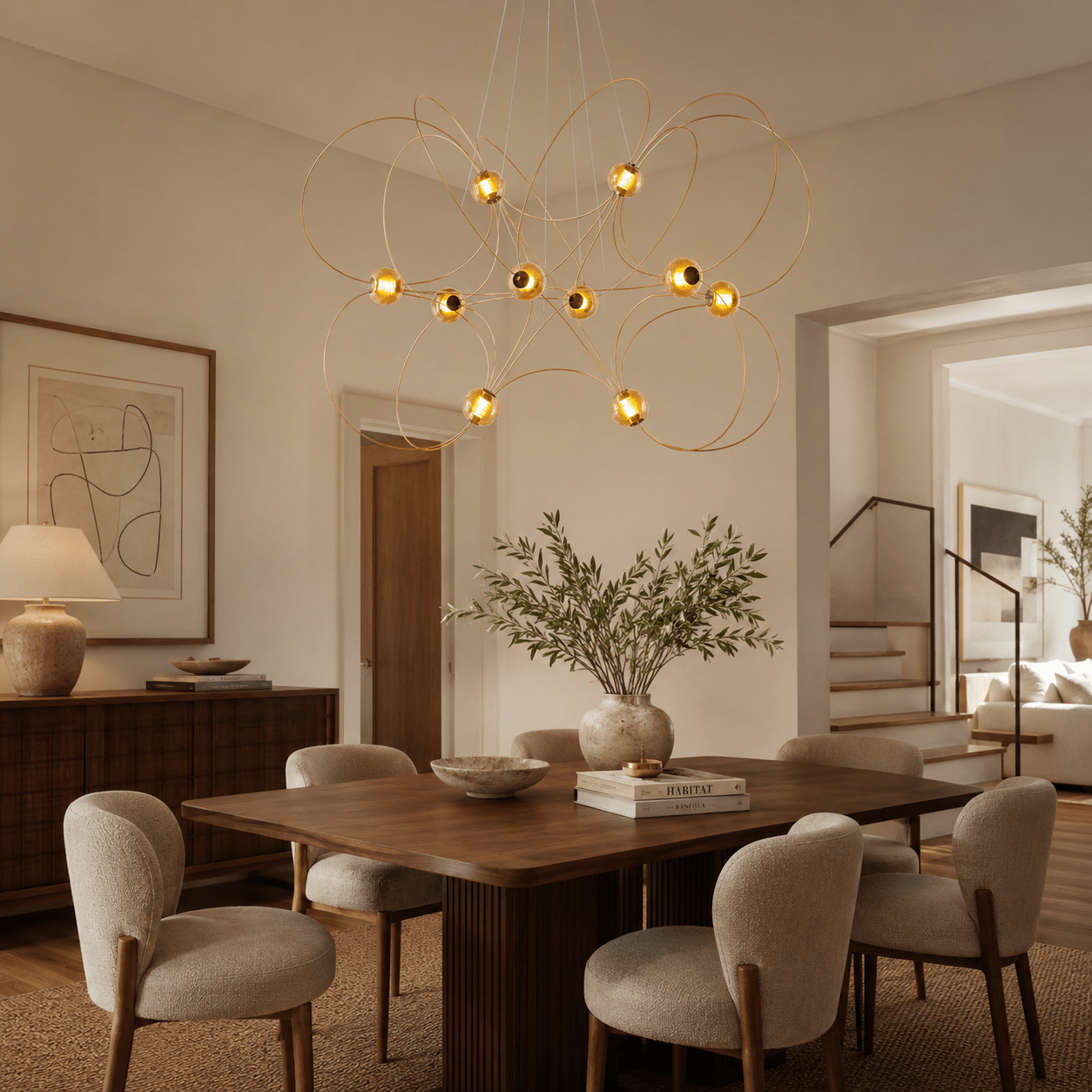 Amber Glass Orb Loop Chandelier - Elegant Design with Adjustable Heigh