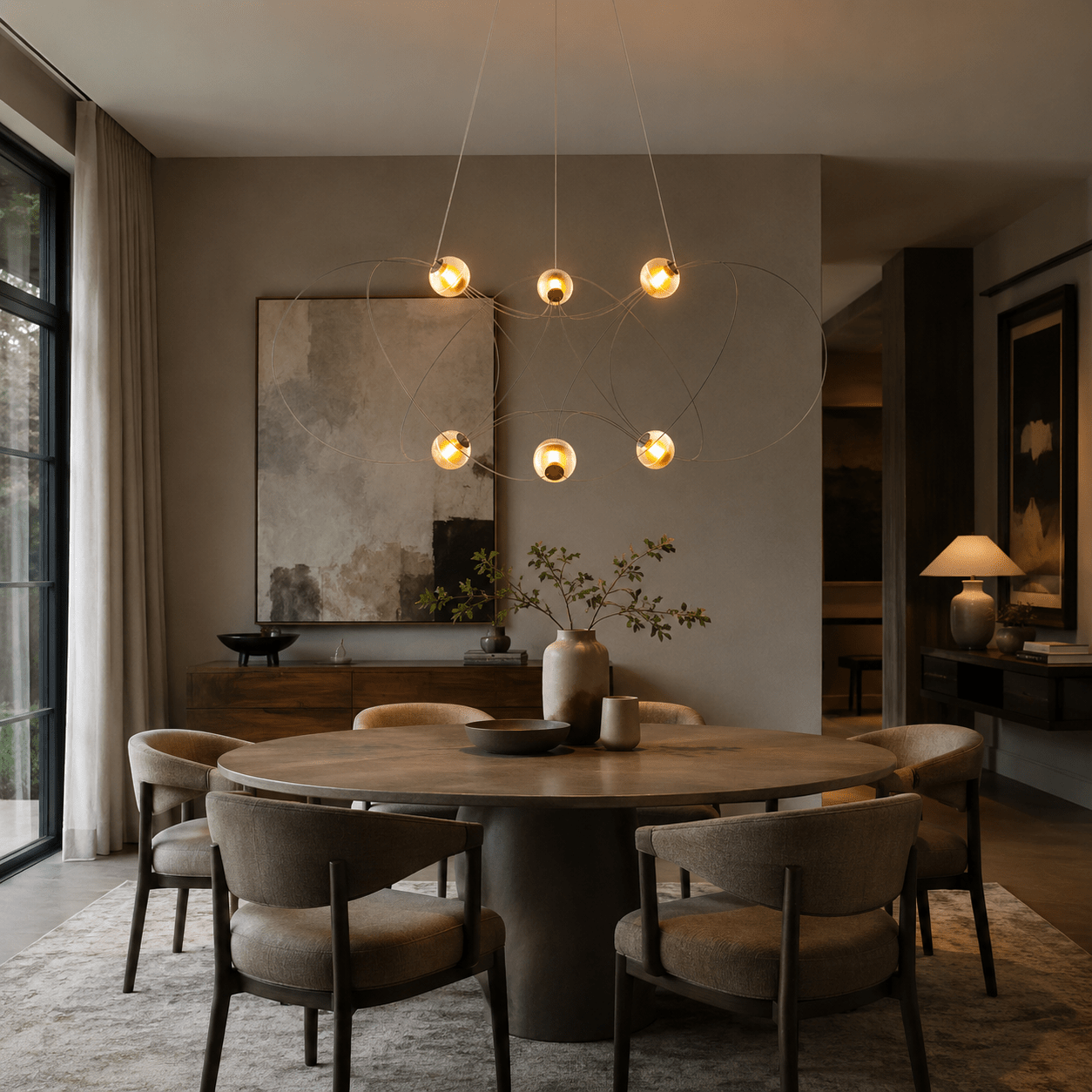Amber Glass Orb Loop Chandelier - Elegant Design with Adjustable Heigh