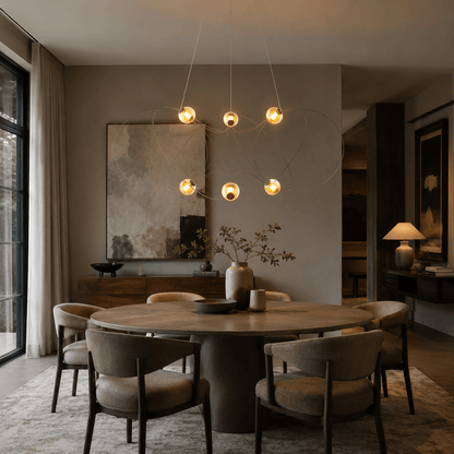 Amber Glass Orb Loop Chandelier - Elegant Design with Adjustable Heigh