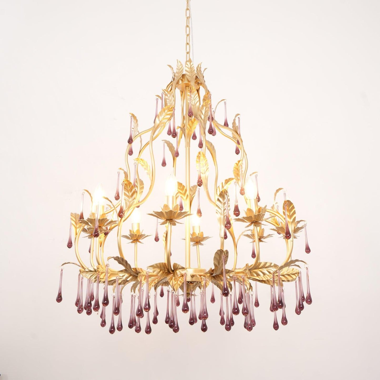 Elegant Amethyst Glass Chandelier with Adjustable Height & Crystal Acc