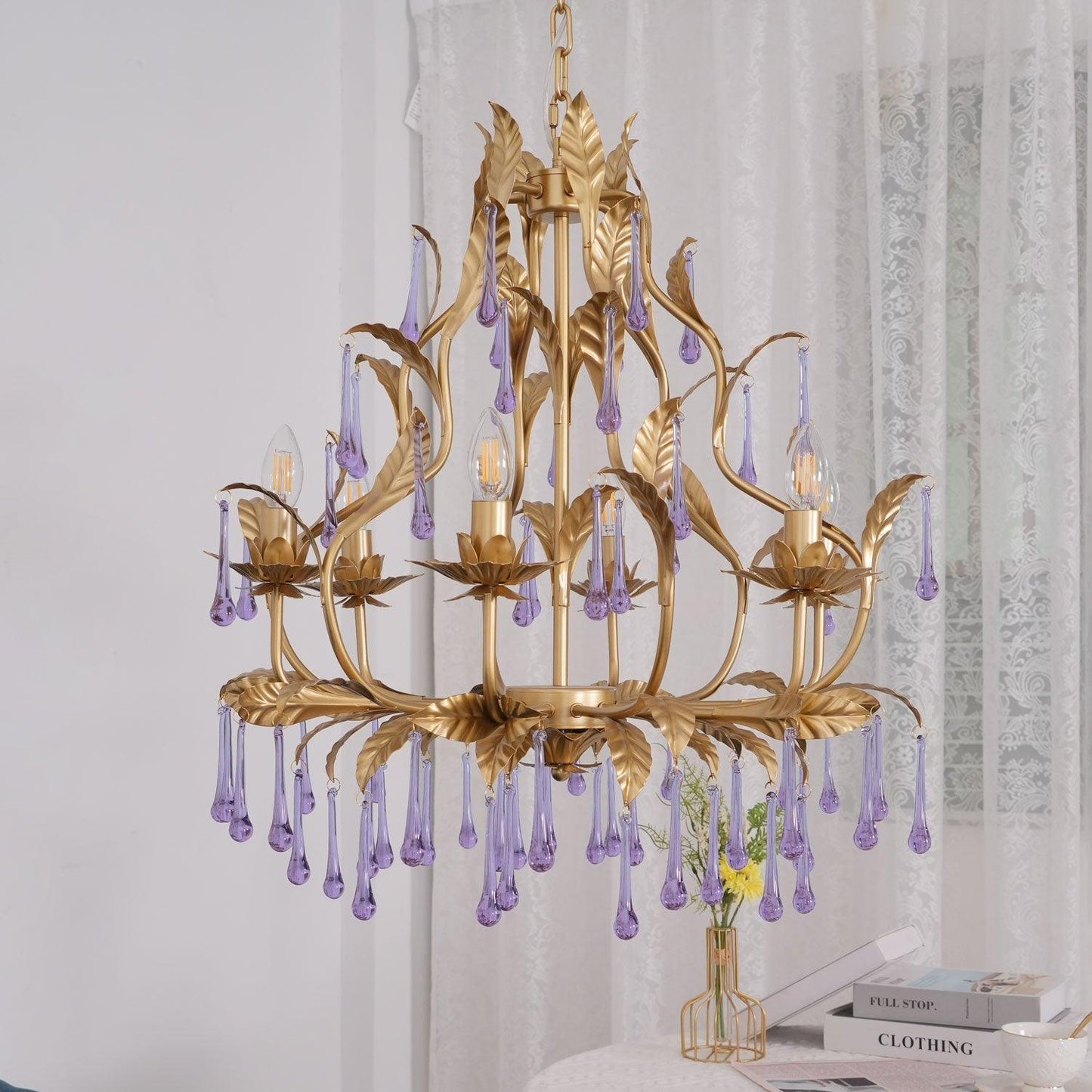 Elegant Amethyst Glass Chandelier with Adjustable Height & Crystal Acc