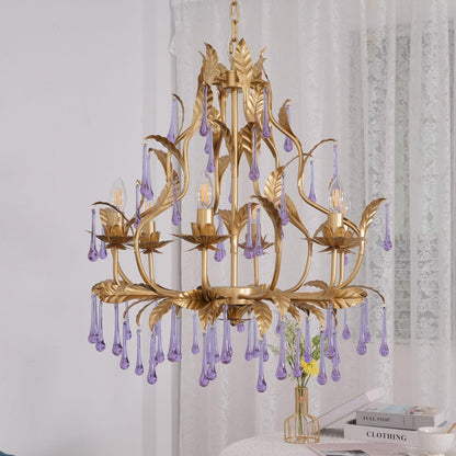 Elegant Amethyst Glass Chandelier with Adjustable Height & Crystal Acc