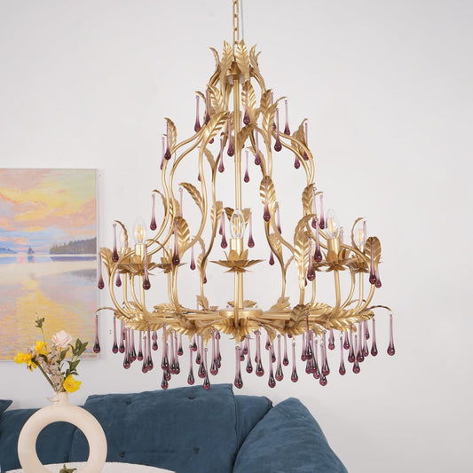 Elegant Amethyst Glass Chandelier with Adjustable Height & Crystal Acc