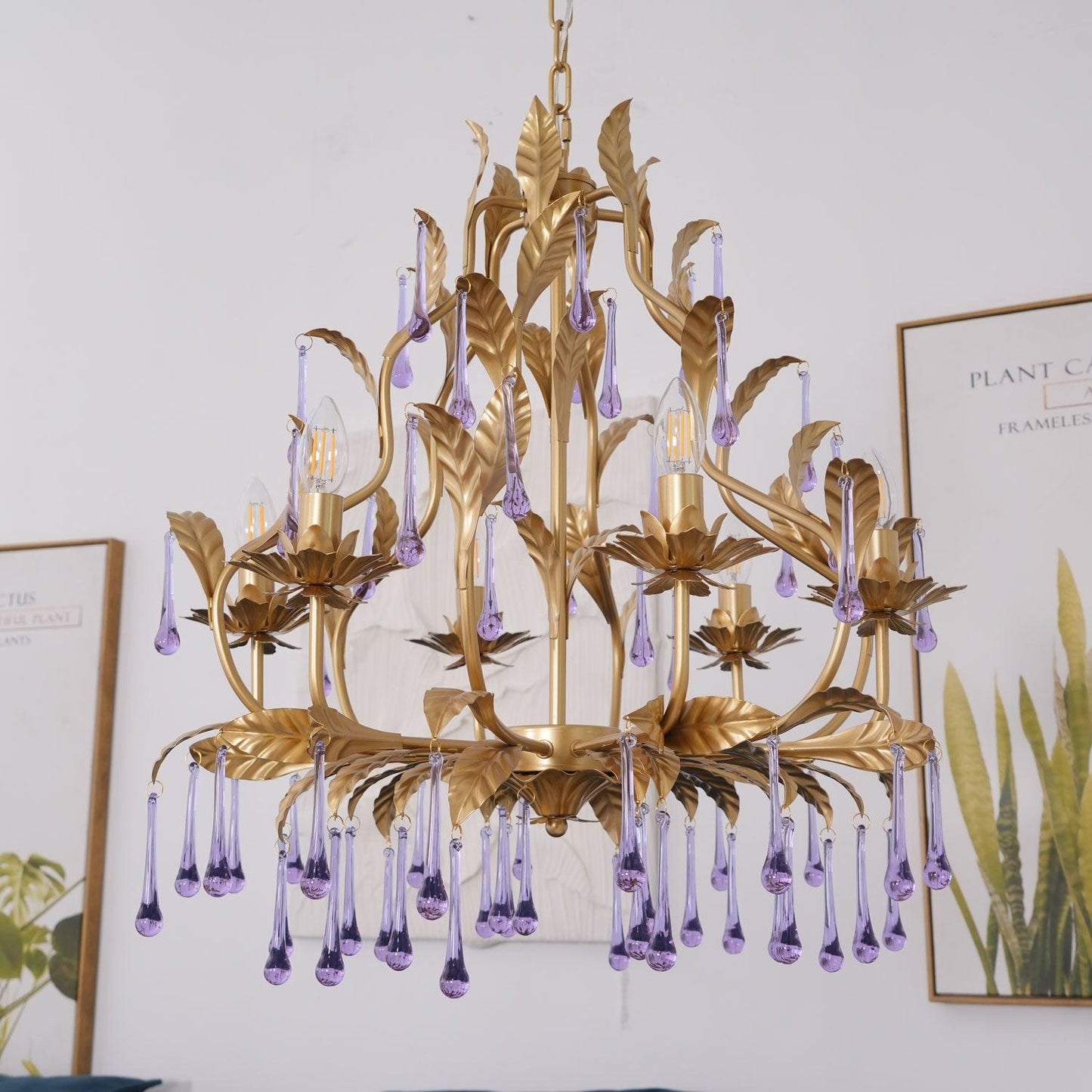 Elegant Amethyst Glass Chandelier with Adjustable Height & Crystal Acc