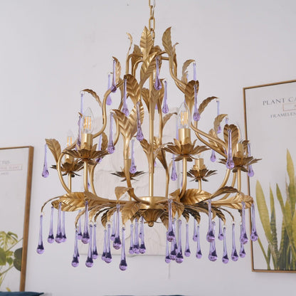 Elegant Amethyst Glass Chandelier with Adjustable Height & Crystal Acc