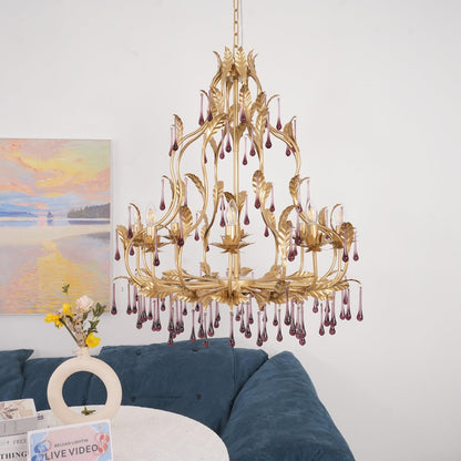 Elegant Amethyst Glass Chandelier with Adjustable Height & Crystal Acc