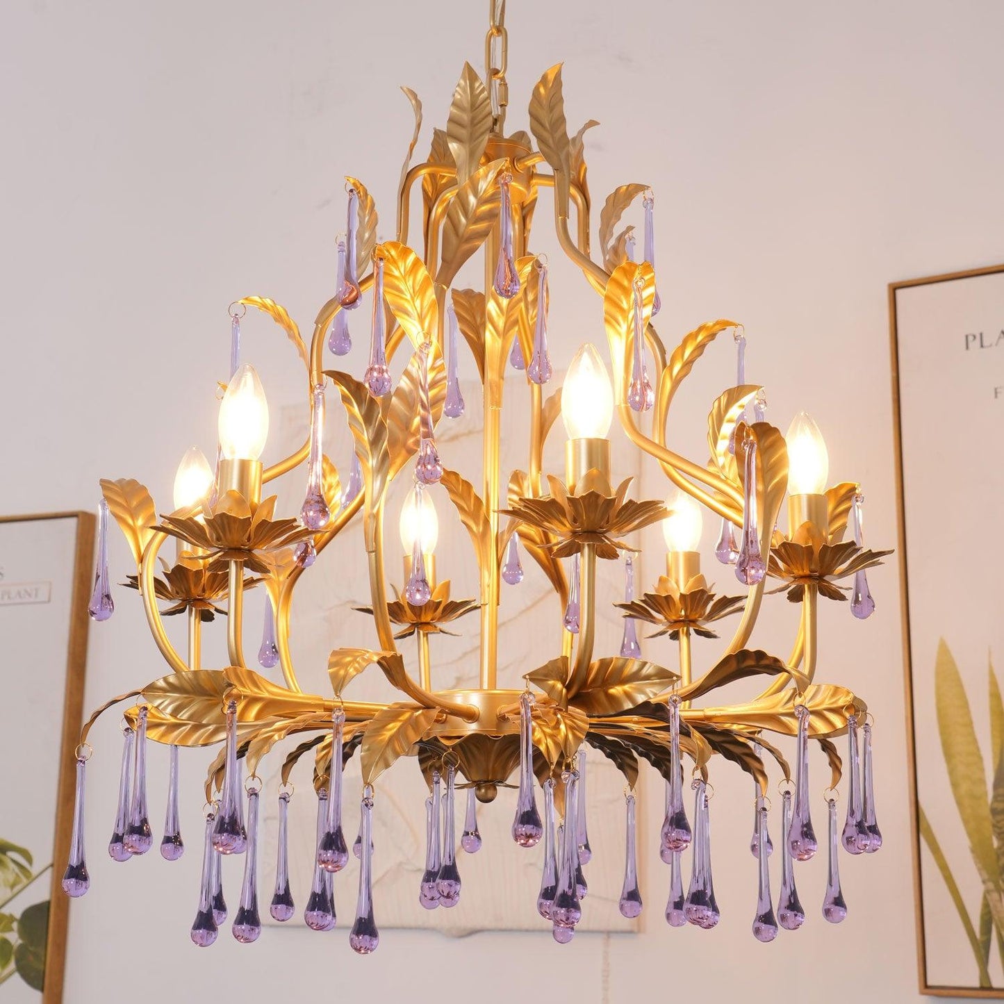 Elegant Amethyst Glass Chandelier with Adjustable Height & Crystal Acc