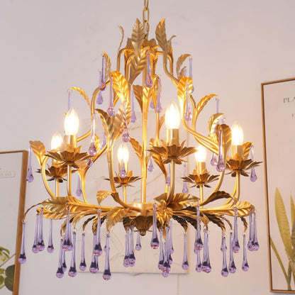 Elegant Amethyst Glass Chandelier with Adjustable Height & Crystal Acc