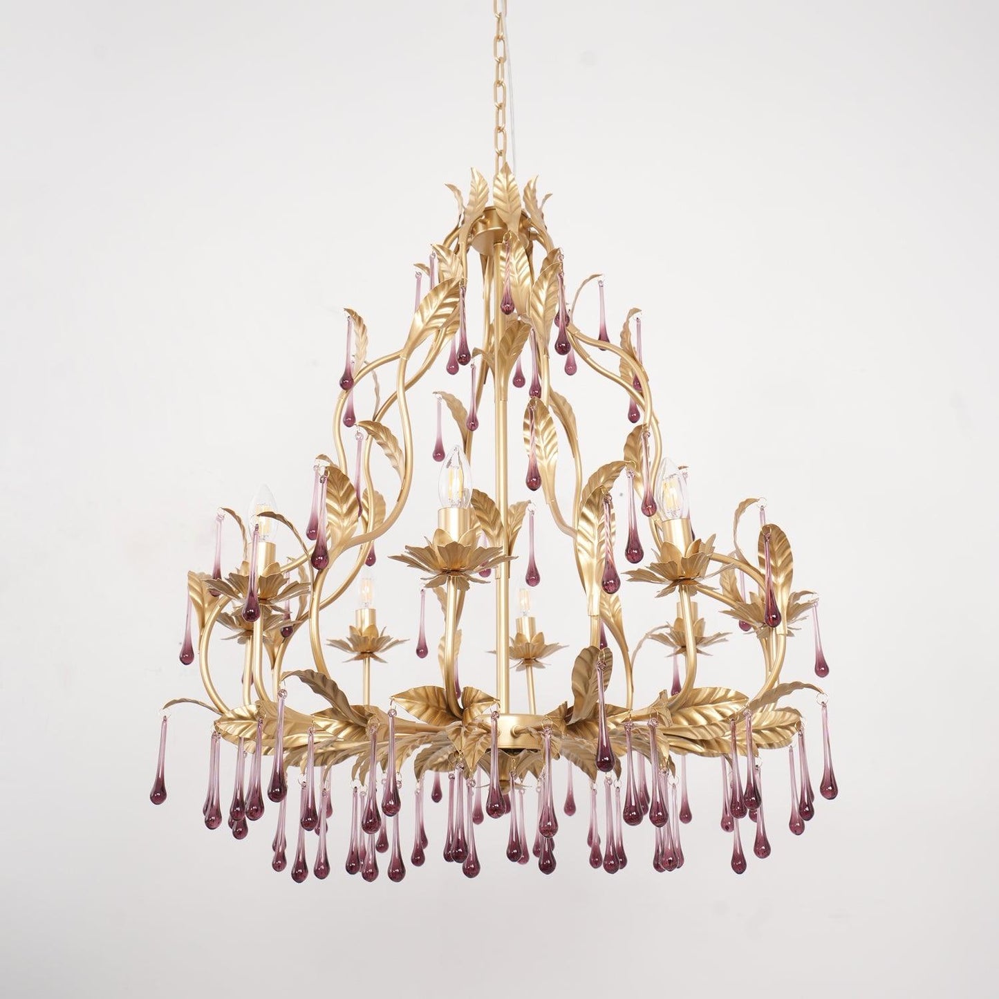 Elegant Amethyst Glass Chandelier with Adjustable Height & Crystal Acc