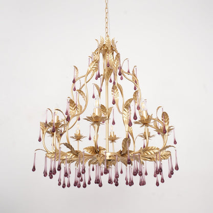 Elegant Amethyst Glass Chandelier with Adjustable Height & Crystal Acc