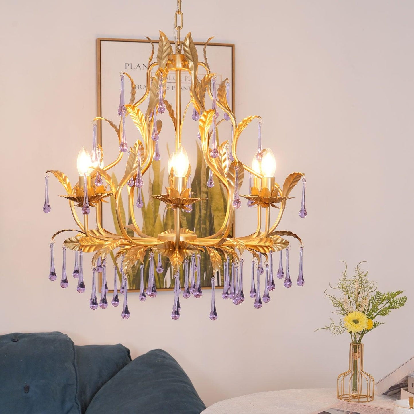 Elegant Amethyst Glass Chandelier with Adjustable Height & Crystal Acc