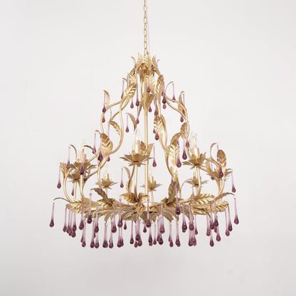 Elegant Amethyst Glass Chandelier with Adjustable Height & Crystal Acc