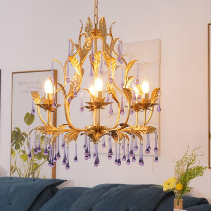 Elegant Amethyst Glass Chandelier with Adjustable Height & Crystal Acc