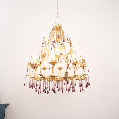 Elegant Amethyst Glass Chandelier with Adjustable Height & Crystal Acc