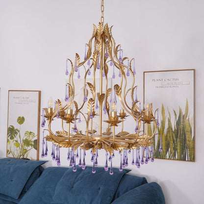 Elegant Amethyst Glass Chandelier with Adjustable Height & Crystal Acc