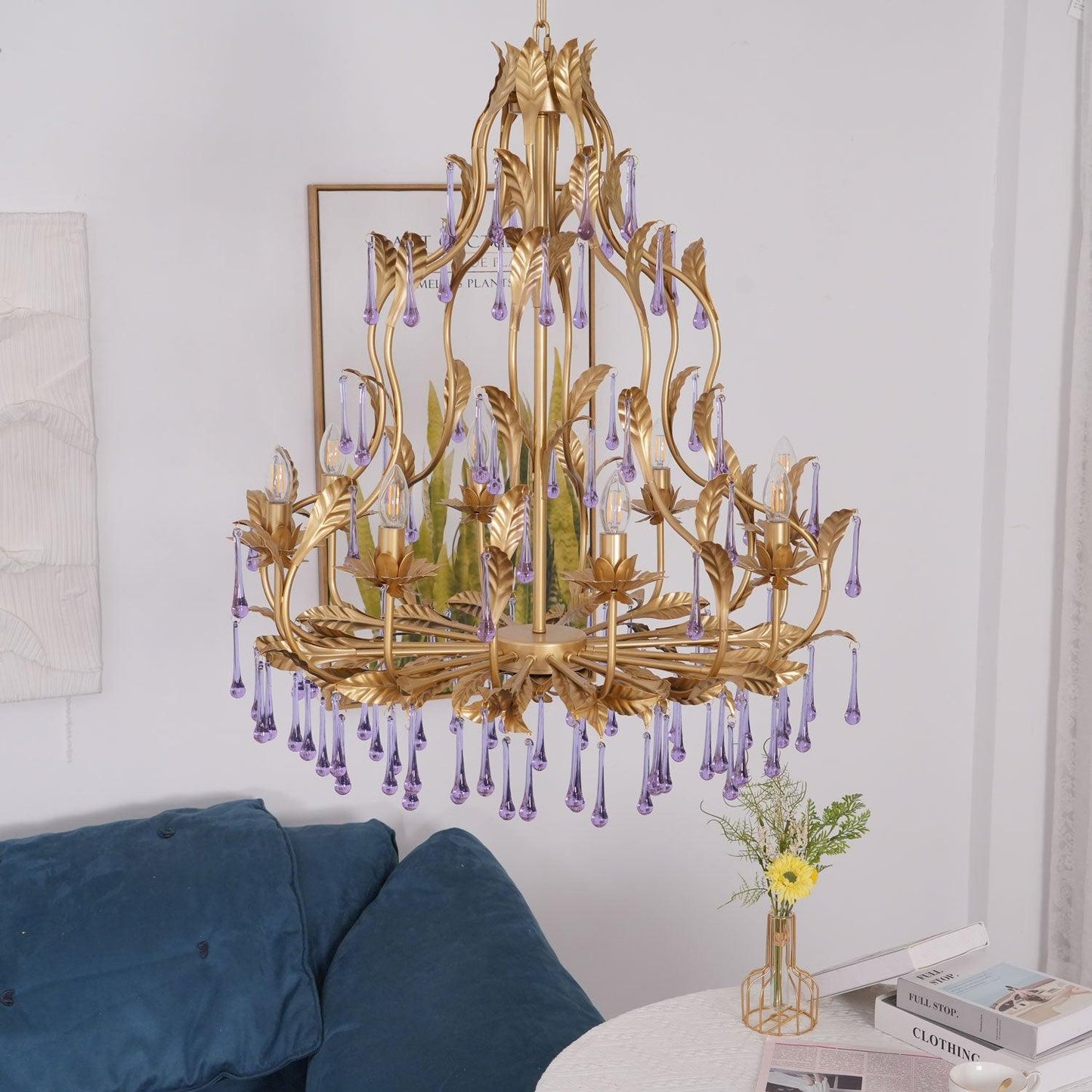 Elegant Amethyst Glass Chandelier with Adjustable Height & Crystal Acc