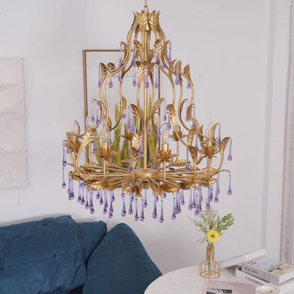 Elegant Amethyst Glass Chandelier with Adjustable Height & Crystal Acc