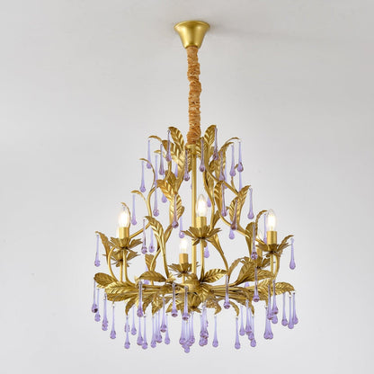 Elegant Amethyst Glass Chandelier with Adjustable Height & Crystal Acc