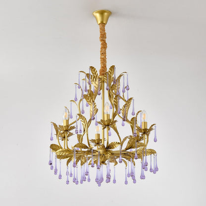 Elegant Amethyst Glass Chandelier with Adjustable Height & Crystal Acc