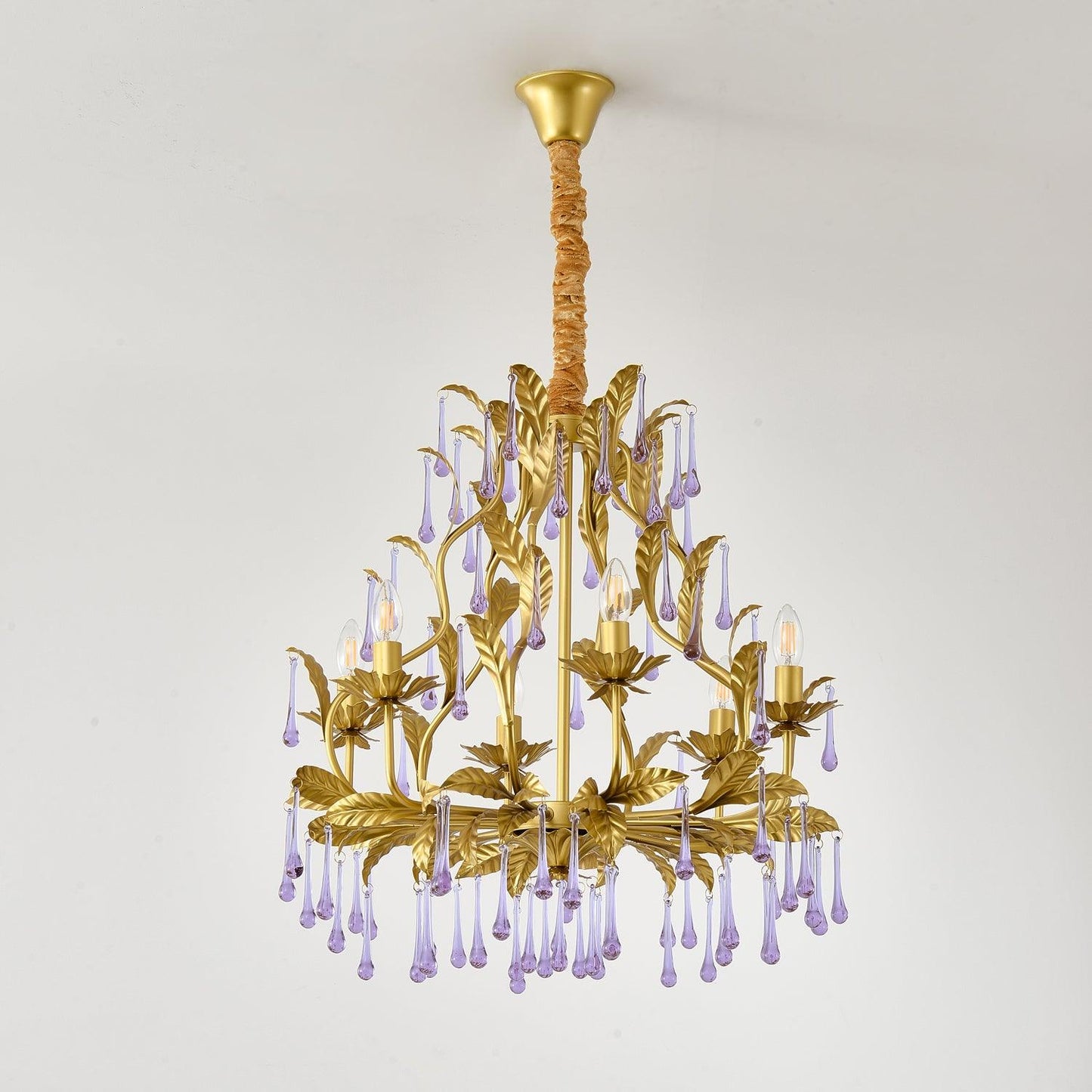 Elegant Amethyst Glass Chandelier with Adjustable Height & Crystal Acc
