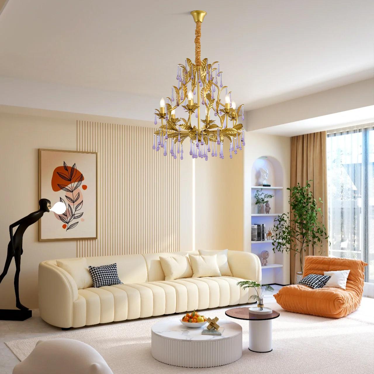 Elegant Amethyst Glass Chandelier with Adjustable Height & Crystal Acc
