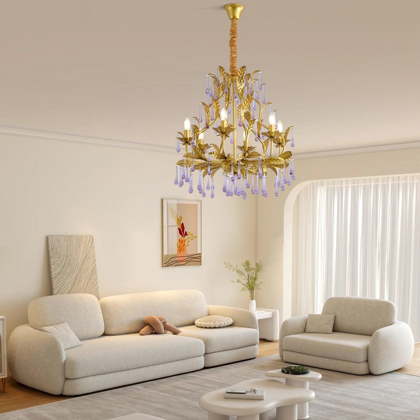 Elegant Amethyst Glass Chandelier with Adjustable Height & Crystal Acc
