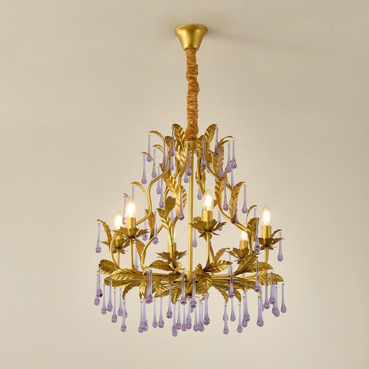Elegant Amethyst Glass Chandelier with Adjustable Height & Crystal Acc