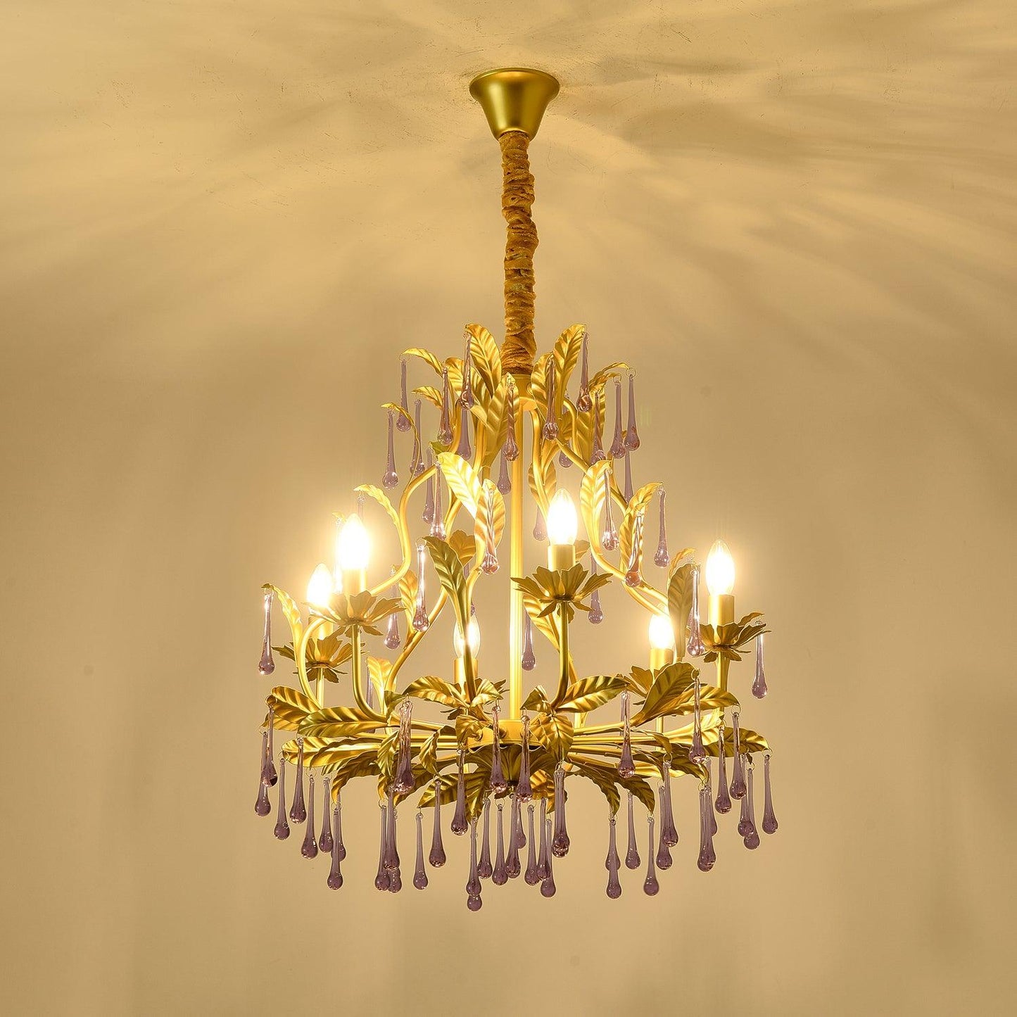 Elegant Amethyst Glass Chandelier with Adjustable Height & Crystal Acc