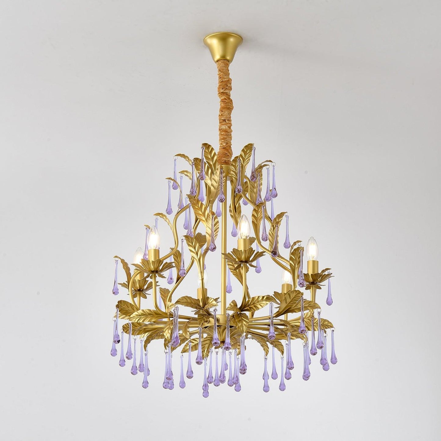 Elegant Amethyst Glass Chandelier with Adjustable Height & Crystal Acc