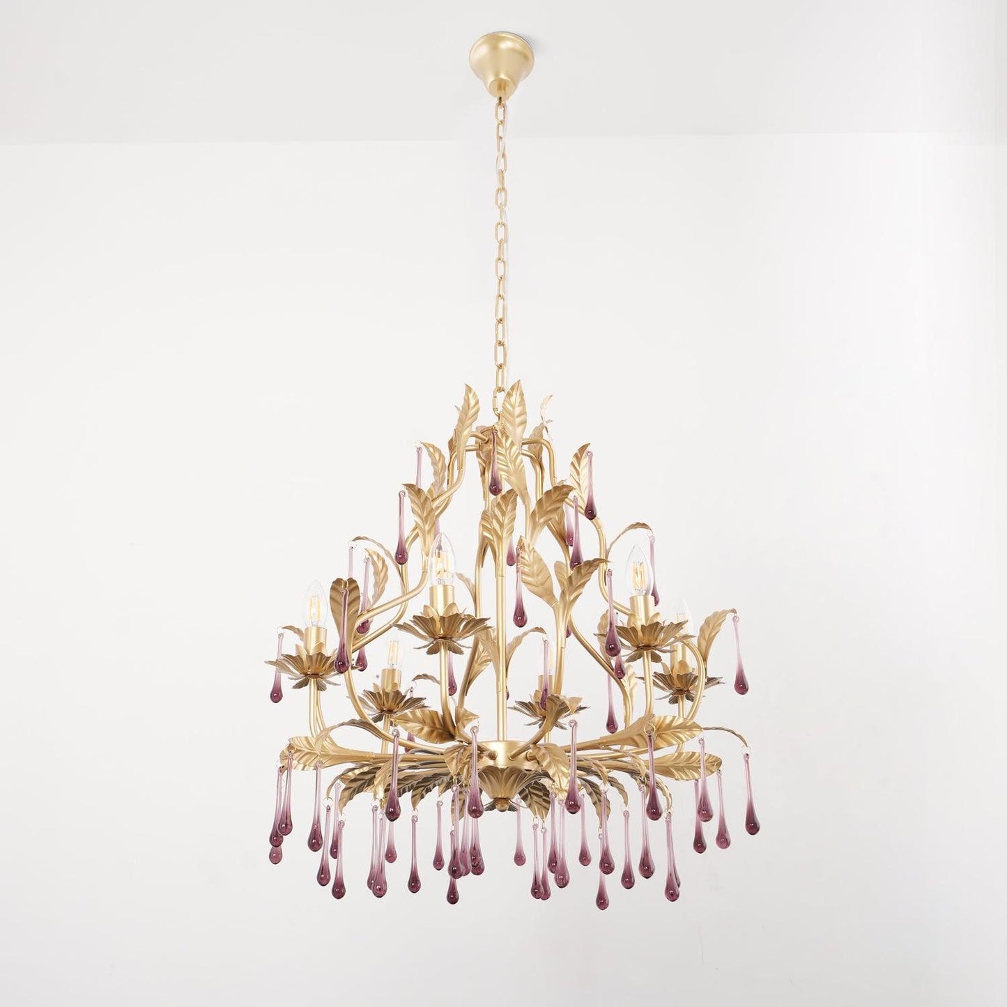 Elegant Amethyst Glass Chandelier with Adjustable Height & Crystal Acc