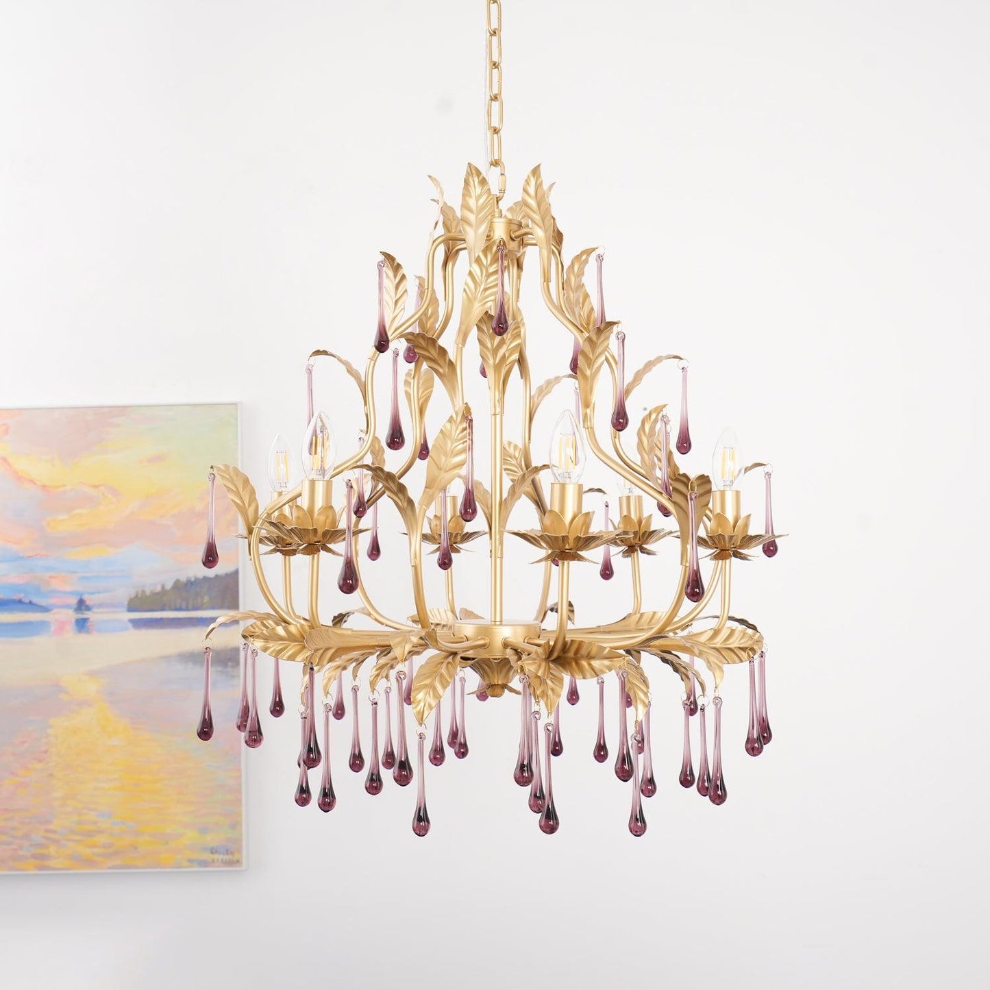 Elegant Amethyst Glass Chandelier with Adjustable Height & Crystal Acc