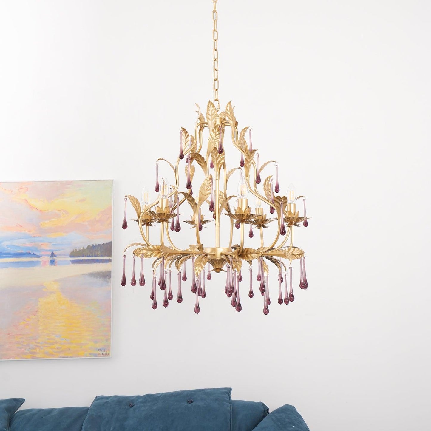 Elegant Amethyst Glass Chandelier with Adjustable Height & Crystal Acc
