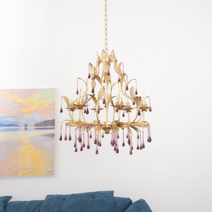 Elegant Amethyst Glass Chandelier with Adjustable Height & Crystal Acc