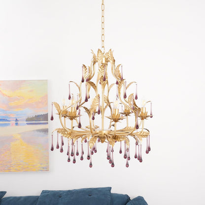 Elegant Amethyst Glass Chandelier with Adjustable Height & Crystal Acc