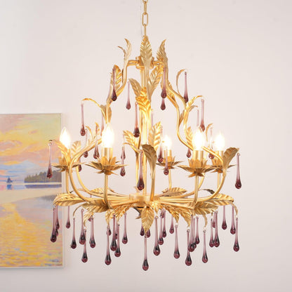 Elegant Amethyst Glass Chandelier with Adjustable Height & Crystal Acc