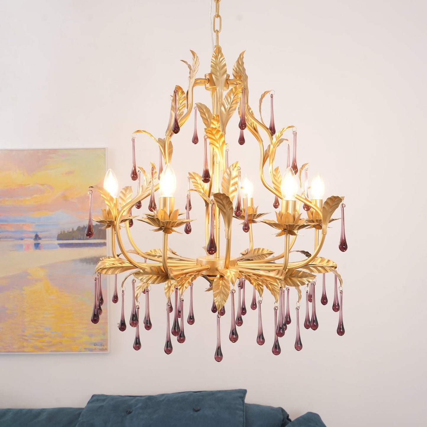 Elegant Amethyst Glass Chandelier with Adjustable Height & Crystal Acc